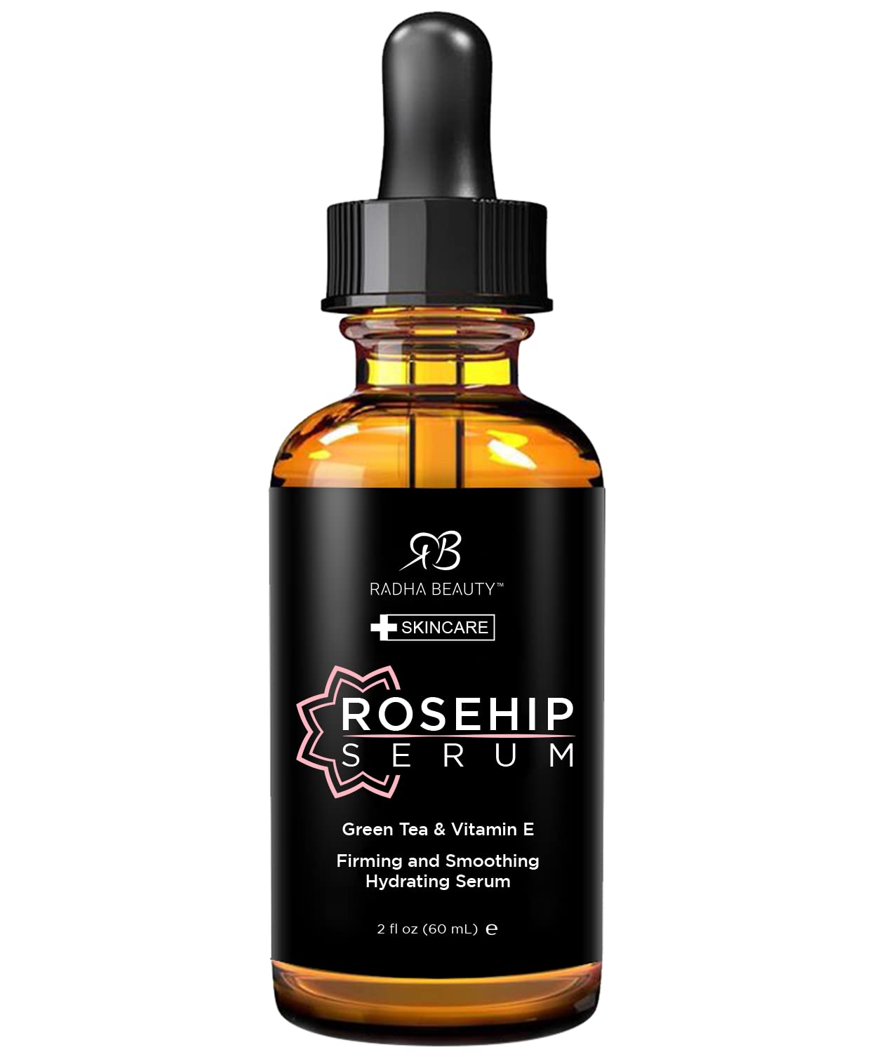 Radha Beauty Suero facial prémium de rosa mosqueta de 2 onzas con aloe, té verde y hamamelis, solución natural antienvejecimiento para el cuidado de