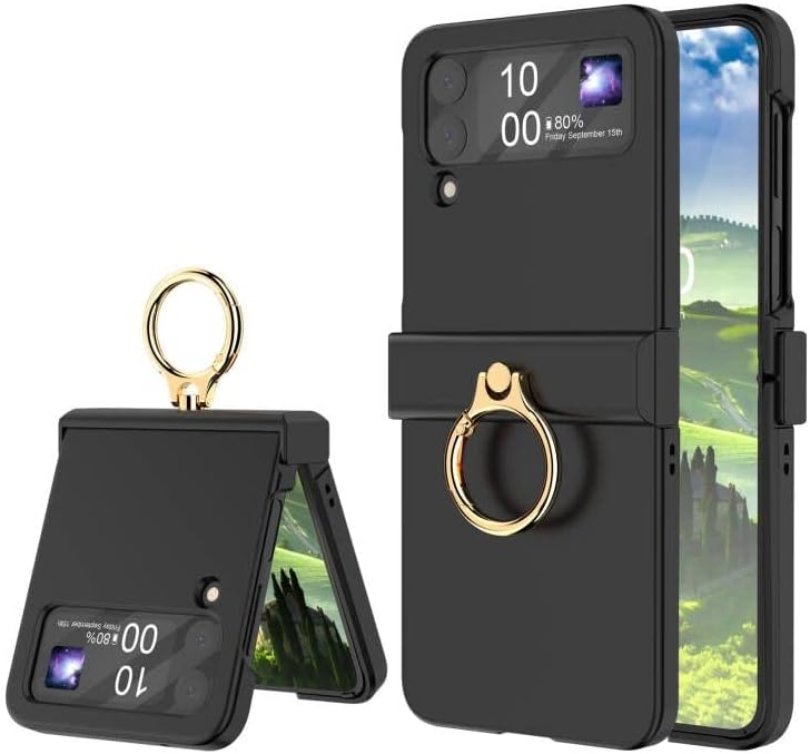Funda compatible con Galaxy Z Flip 4 con protección de bisagra y soporte de anillo, funda protectora delgada y fina para Samsung Z Flip 4 5G (negro)