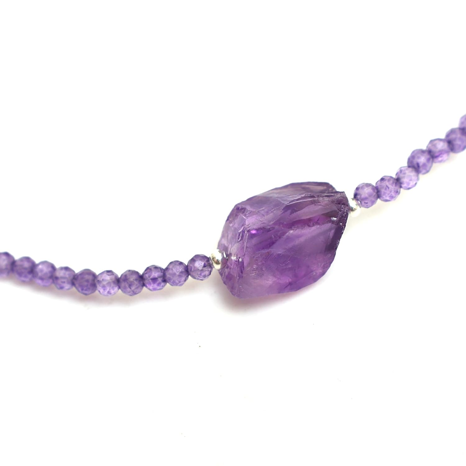 Gempires Amethyst Beaded Choker Necklace with Raw Stone, Amethyst Faceted Beads 2.4-2.5 mm, February Birthstone, 18 inches Adjustable Silver Plated