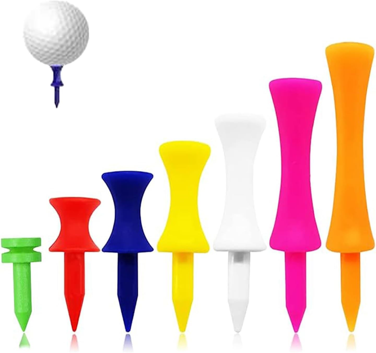 Dakexiong Paquete de 70 camisetas de golf de plástico de 1 pulgada, 1 14 pulgadas, 1 12 pulgadas, 1 34 pulgadas, 2 14 pulgadas, 2 34 pulgadas