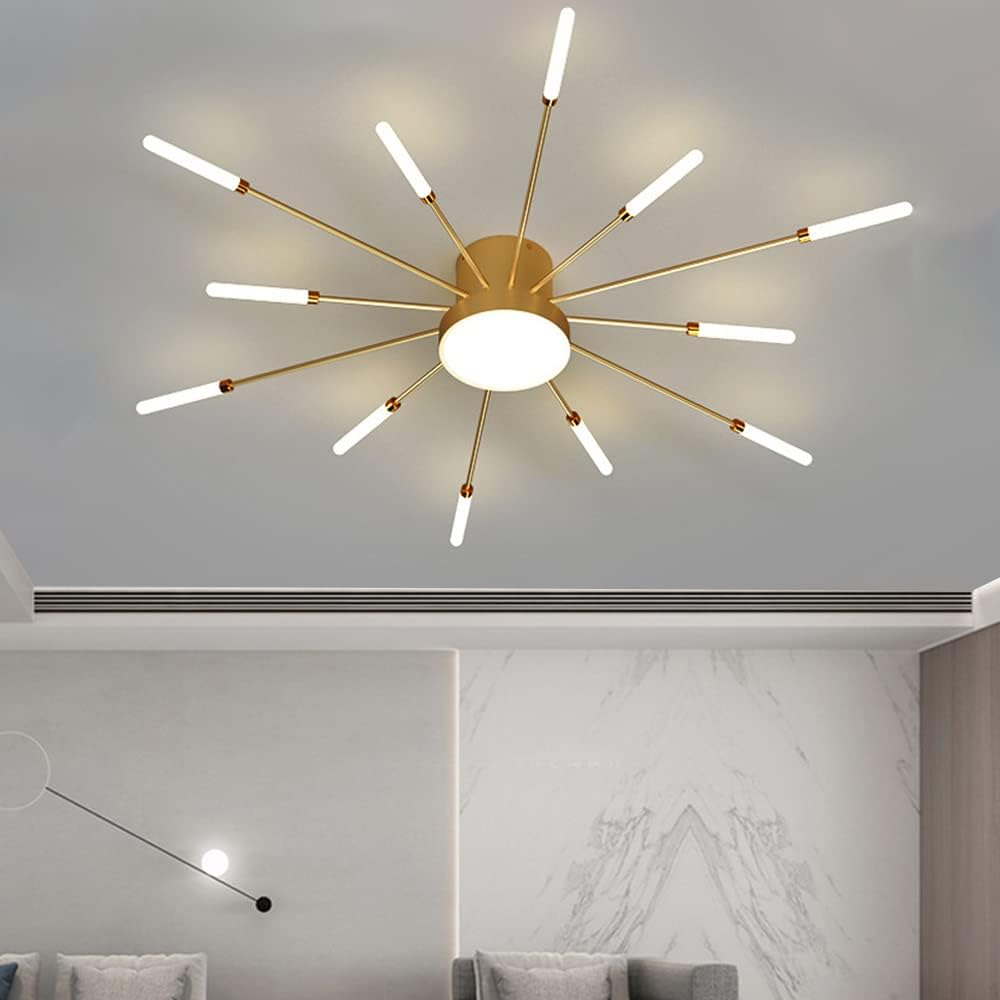 Liudefa Lámpara de techo LED de 32 pulgadas, 12 luces de techo modernas, lámpara de techo empotrada, iluminación de interior dorada para sala de