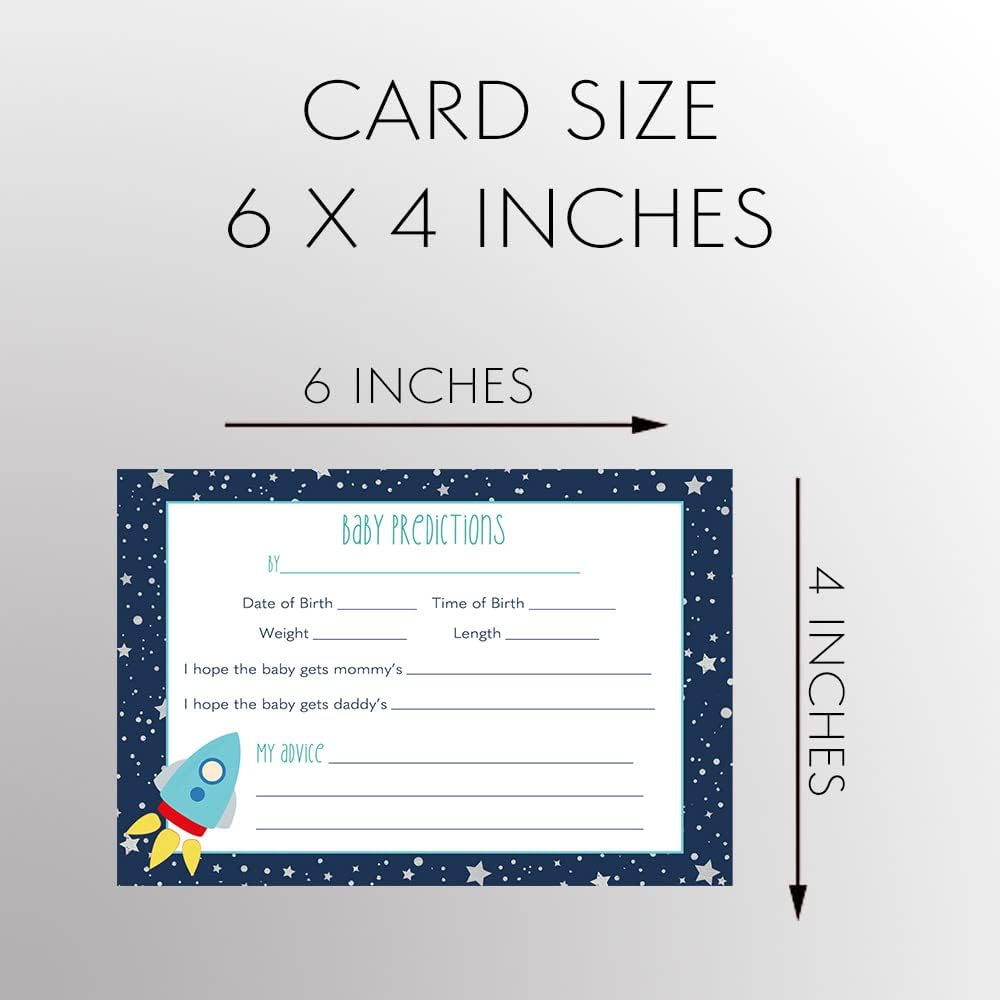 Predicciones espaciales para baby shower sobre nuevas tarjetas para bebé, actividades de juego para baby shower, barco cohete, espacio exterior,