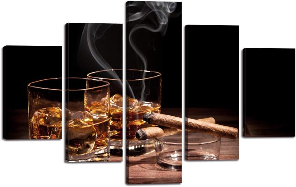 Lienzo decorativo para pared, pintura de cigarros y vino, copa de vino, whisky, cigarrillo, imagen, 5 paneles, licor bodegón, pósters, impresiones