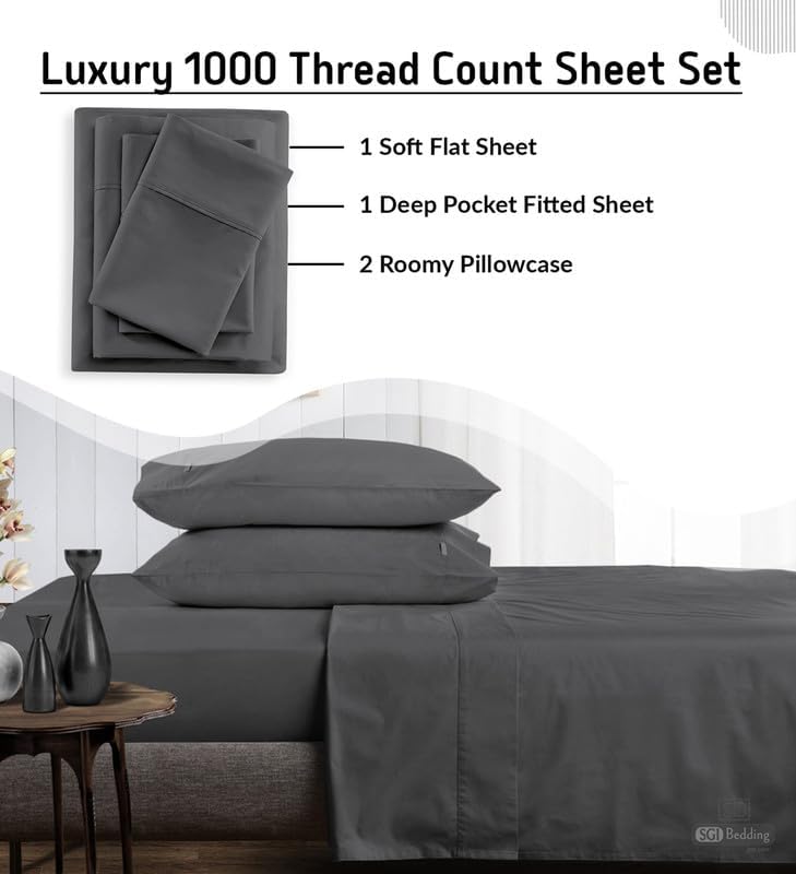 SGI bedding Juego de sábanas de algodón egipcio de 1000 hilos, sábanas de 1000 hilos para cama tamaño King, sábanas suaves y duraderas, sábanas de