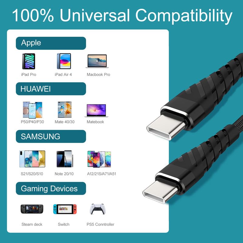 Cable USB C a USB C de 60 W, paquete de 2 cables de carga USB C de 10 pies, cable de carga rápida USB-C trenzado para iPhone
