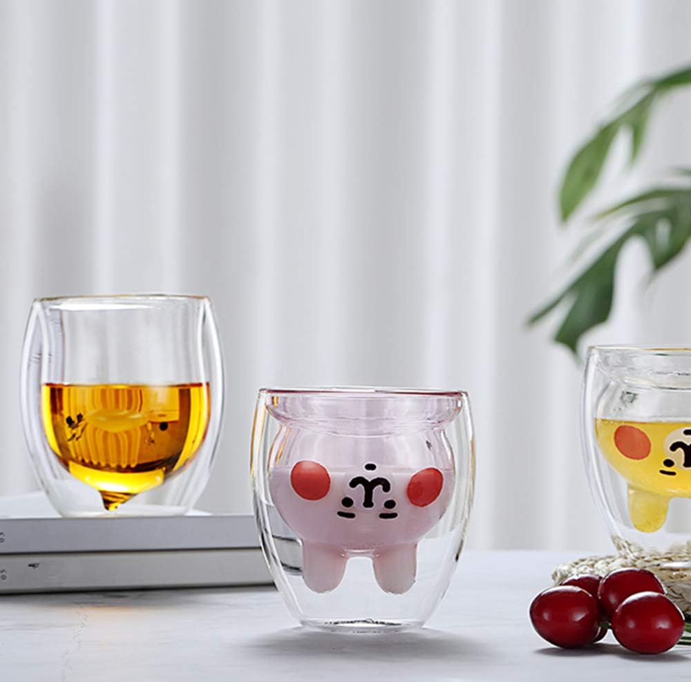 Ophelia Tazas de café creativas de cristalería de 10 onzas con cuchara, aislantes de doble pared en forma de oso, juego de tazas para bebidas frías