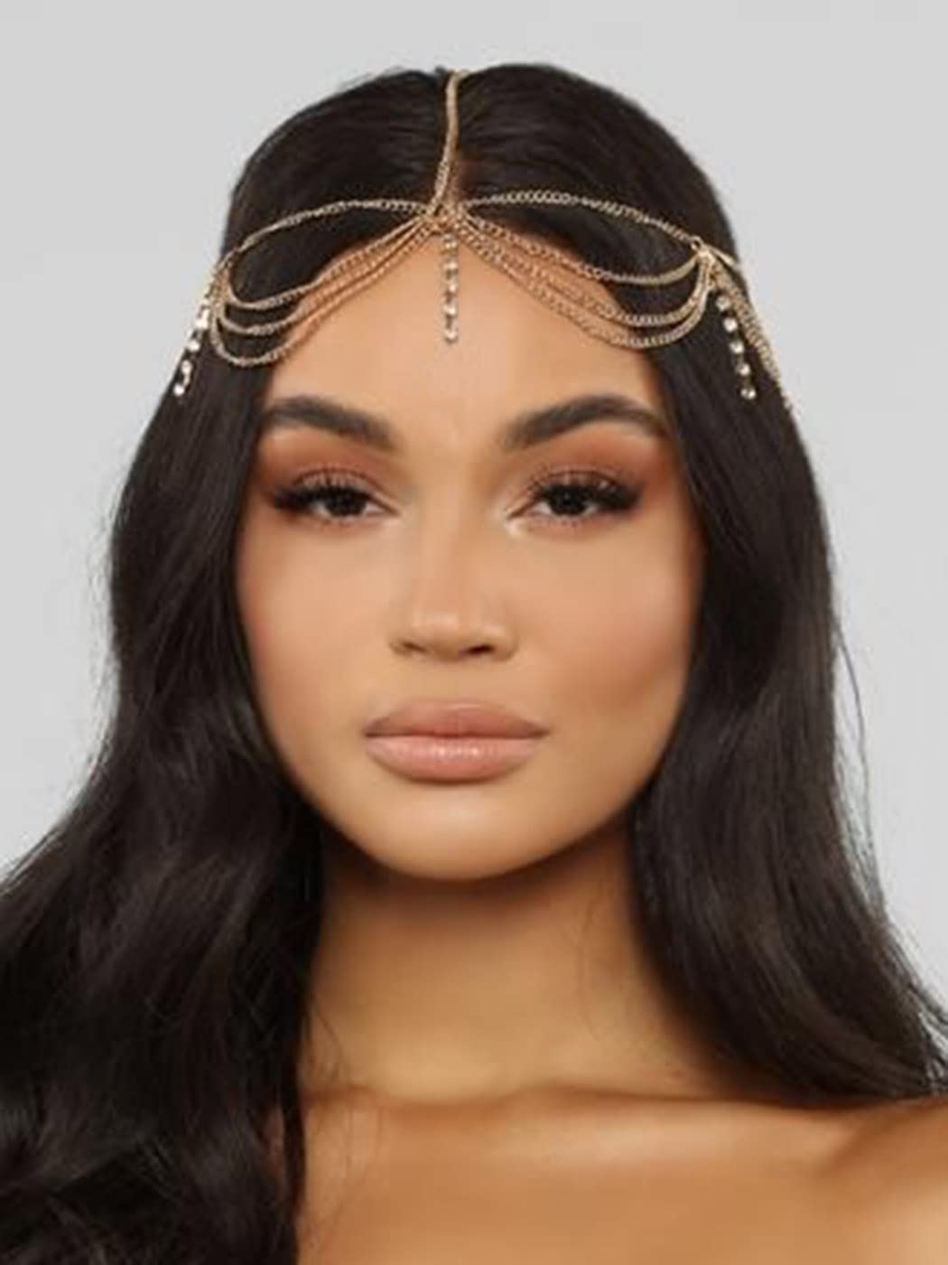 Catery Cadena de pelo de oro para novia, diadema con borlas bohemias para la cabeza, cadena de diamantes de imitación, joyería para el cabello,