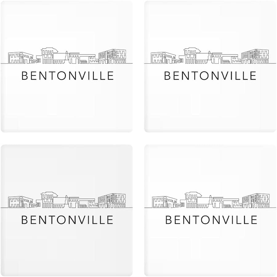 Minimalista B&W Arkansas Bentonville Skyline, Joyride Home Decor, 4 posavasos de cerámica, posavasos cuadrados de 4 pulgadas, juego de 4, parte