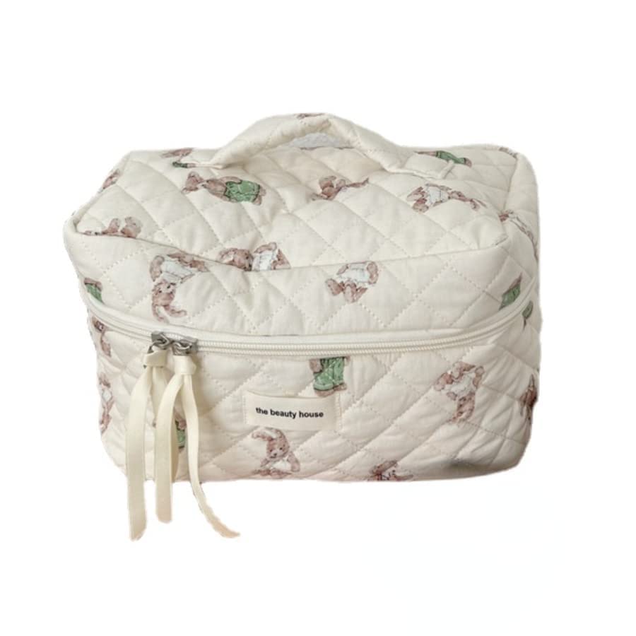 Bolsa de maquillaje Kawaii bonita bolsa de cosméticos de felpa japonesa, bolsa de aseo peluda peluda con patrones de conejito de hadas con