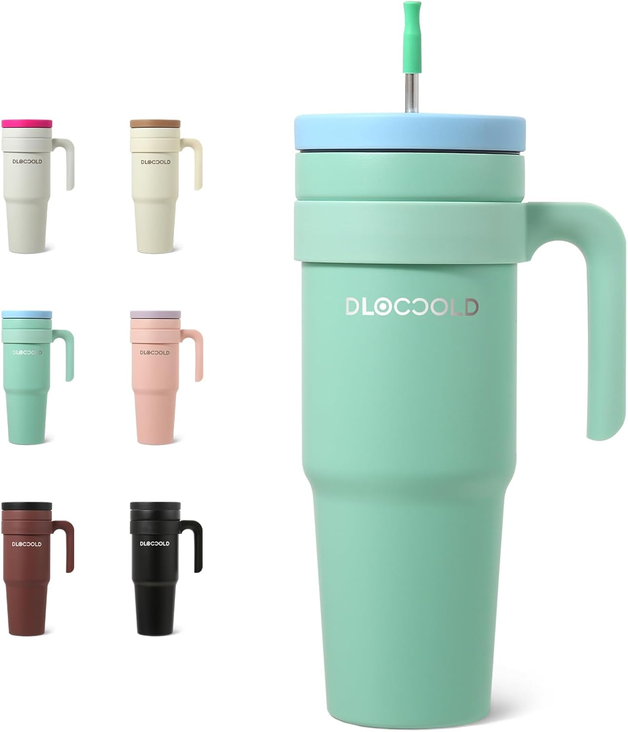 DLOCCOLD Vaso de 40 onzas con asa y tapa con popote, taza aislada al vacío, reutilizable, de acero inoxidable, taza de viaje para bebidas calientes