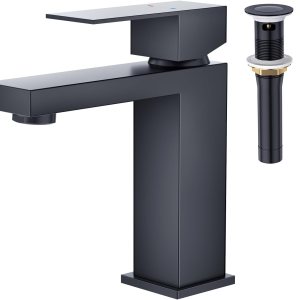 Faustina Grifo de baño negro de 1 agujero, grifo de baño de un solo orificio con ensamblaje de drenaje desplegable, grifo de tocador central, grifo Faustina Grifo de baño negro de 1 agujero, grifo de baño de un solo orificio con ensamblaje de drenaje desplegable, grifo de tocador central, grifo