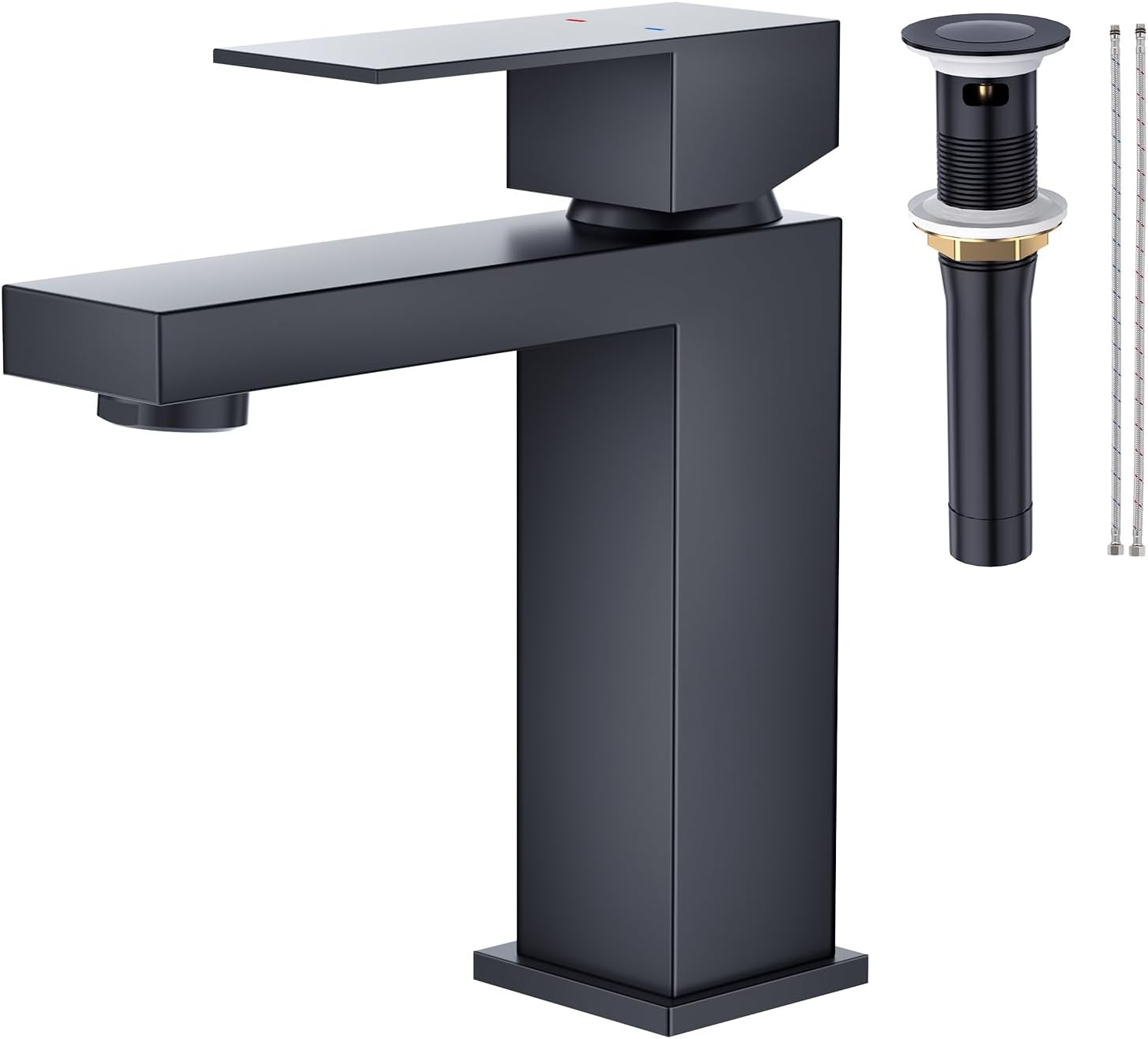 Faustina Grifo de baño negro de 1 agujero, grifo de baño de un solo orificio con ensamblaje de drenaje desplegable, grifo de tocador central, grifo