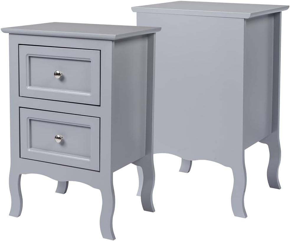 Juego de 2 mesitas de noche con cajones, mesita de noche gris, muebles decorativos de granja, mesas auxiliares de espacio pequeño con patas de