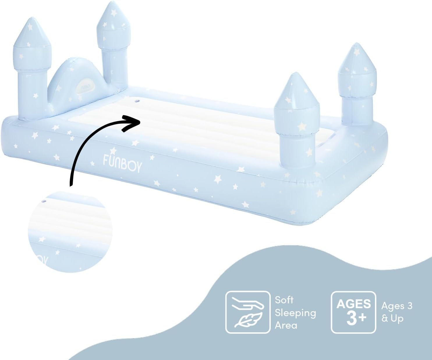 FUNBOY Cama y colchón de aire de viaje Blue Castle Sleepover para niños. Perfecto para fiestas de pijamas. Incluye bolsa de transporte, tamaño