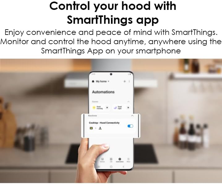 Samsung Campana inteligente de montaje en pared a medida, pantalla LCD y control táctil, sensor de aire triple, bajo ruido, WiFi conectado, carbón