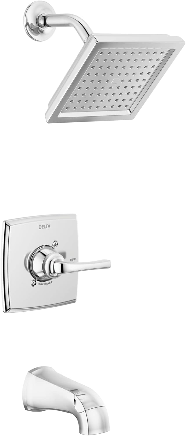 Delta Faucet Geist Serie 14 – Kit de molduras para bañera y ducha, grifo de ducha cromado con cabezal de ducha cromado de un solo rociador, juego de