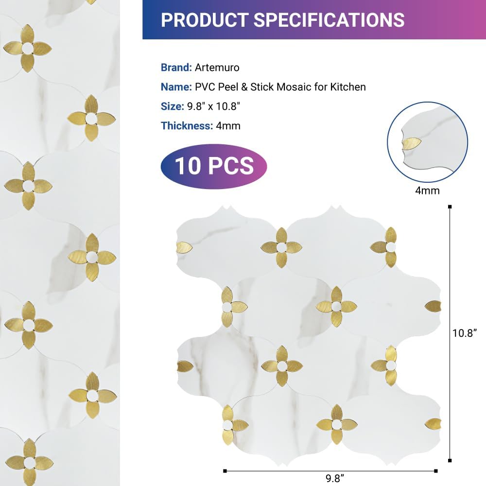 Artemuro Azulejos de PVC para despegar y pegar, de 9.8 x 10.8 pulgadas, para cocina, baño, lavandería, cámper, chimenea, encimera (mármol blanco
