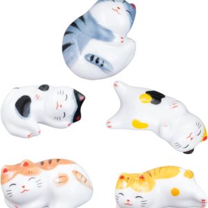 BESTonZON 5 palillos de gato con soporte para pinceles de pintura china, estilo japonés, porcelana, lindo gato de la suerte, soporte para palillos BESTonZON 5 palillos de gato con soporte para pinceles de pintura china, estilo japonés, porcelana, lindo gato de la suerte, soporte para palillos