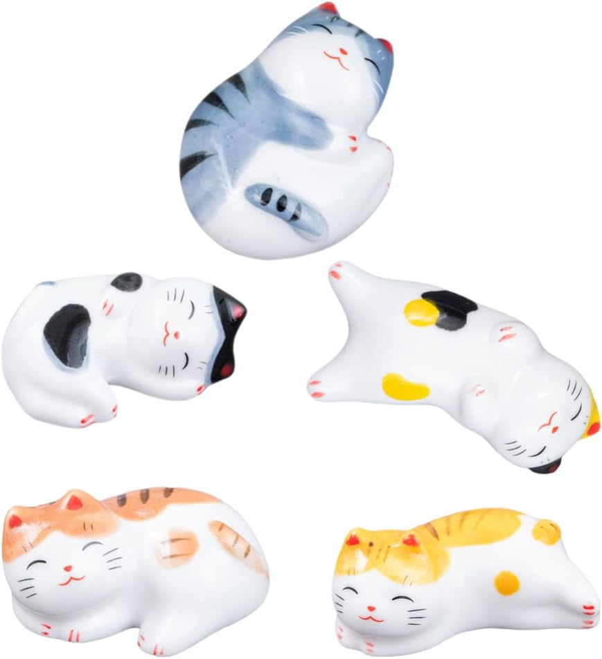 BESTonZON 5 palillos de gato con soporte para pinceles de pintura china, estilo japonés, porcelana, lindo gato de la suerte, soporte para palillos