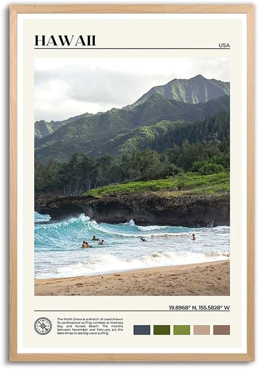 KEEITY Póster de Hawaii The North Shore Hawaii, arte de pared para decoración del hogar, lienzo, pinturas artísticas para pared, decoración del