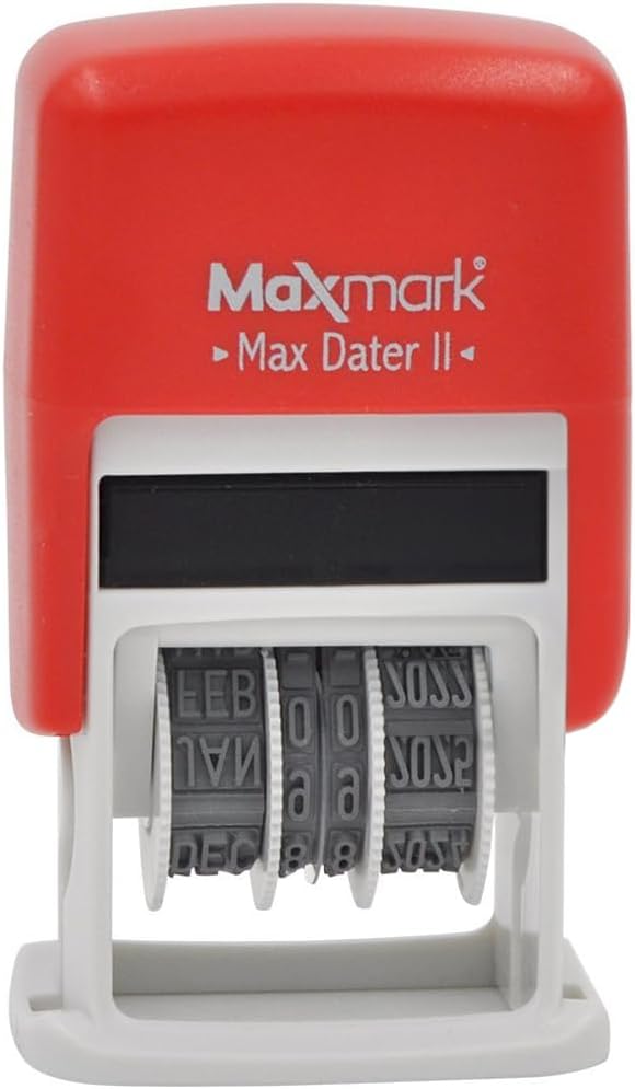 MaxMark Sello de oficina de goma autoentintado con frase y fecha introducidas, tinta roja (Max Dater II), banda de 12 años