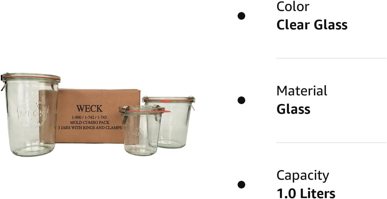 WECK, combo de tarros moldeados, (1) 900, (1) 742, (1) 743, (3) tapas de vidrio, (3) anillos de caucho y (6) abrazaderas