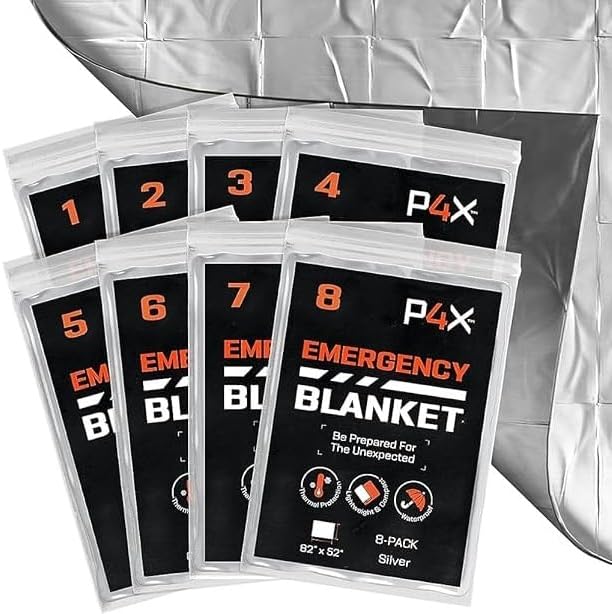 PREPARED4X Mylar Blankets 8 Pack – Waterproof Emergency Blanket – Rip and Tear Resistant Survivalist Gear – Emergency Thermal Blanket for Outdoor
