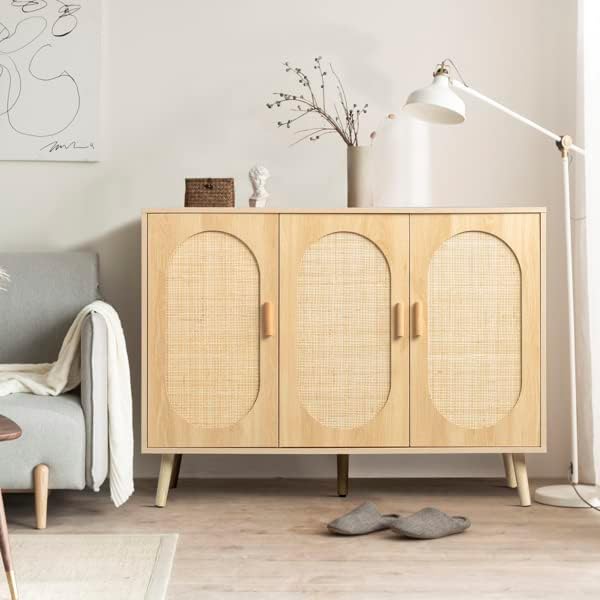Aparador de 44.5 x 15.7 x 32.9 in con puertas de ratán natural, armario de almacenamiento de ratán con estantes ajustables, aparadores y buffets con