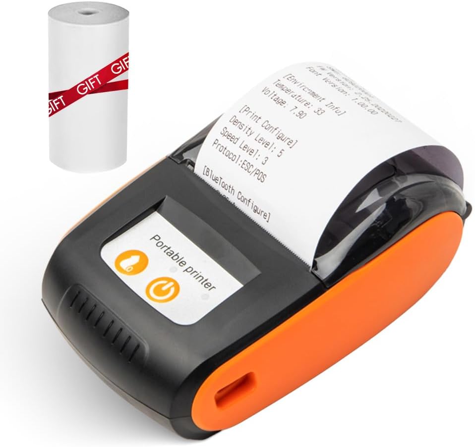 Impresora portátil de recibos, mini impresión térmica de 2.283 in, impresora móvil inalámbrica BT USB con rollo de papel térmico de 2 pulgadas,