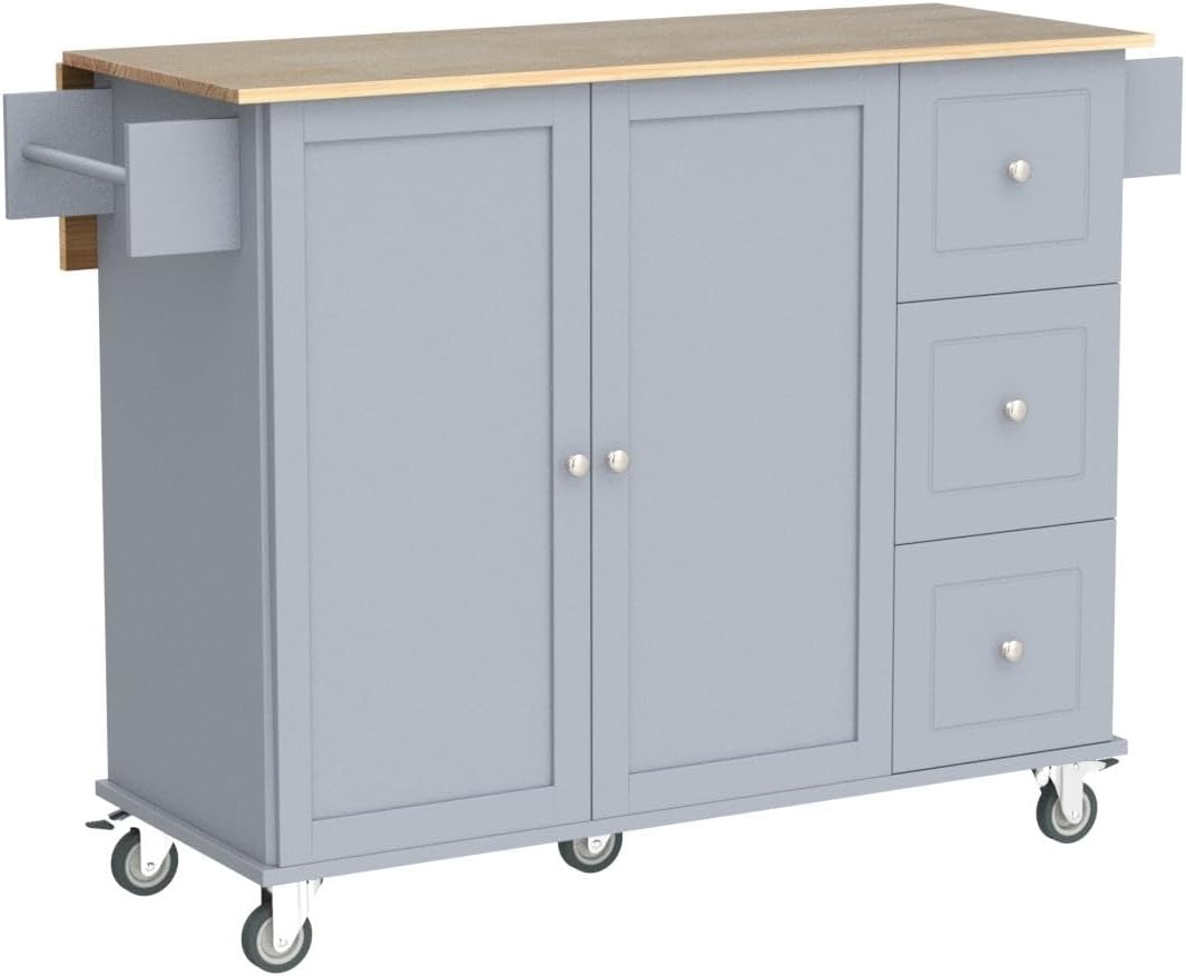 GLANZEND Carrito móvil de isla de cocina de 52.7 pulgadas con tapa de madera de hoja caída, estantes ajustables para barra de café con ruedas y