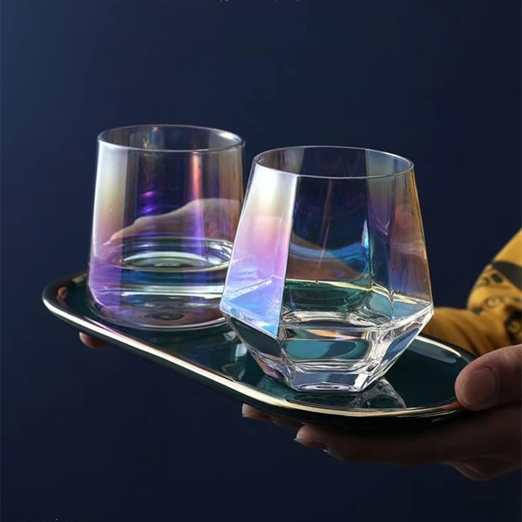 Juego de copas de vino de 1 (10 onzas), copas de vino sin tallo de diamante, cristalería iridiscente, vasos de whisky de cristal, perfectos para una