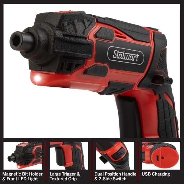 Stalwart – Juego de destornilladores eléctricos de 4 V, 45 piezas, pistola de tornillo recargable inalámbrica de 4.5 Nm 250 RPM con agarre de doble