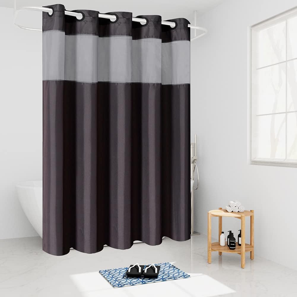 Cortina de ducha extra larga sin gancho, 84 pulgadas de largo, cortinas de ducha lavables de tela de poliéster para baño con ventana transparente,