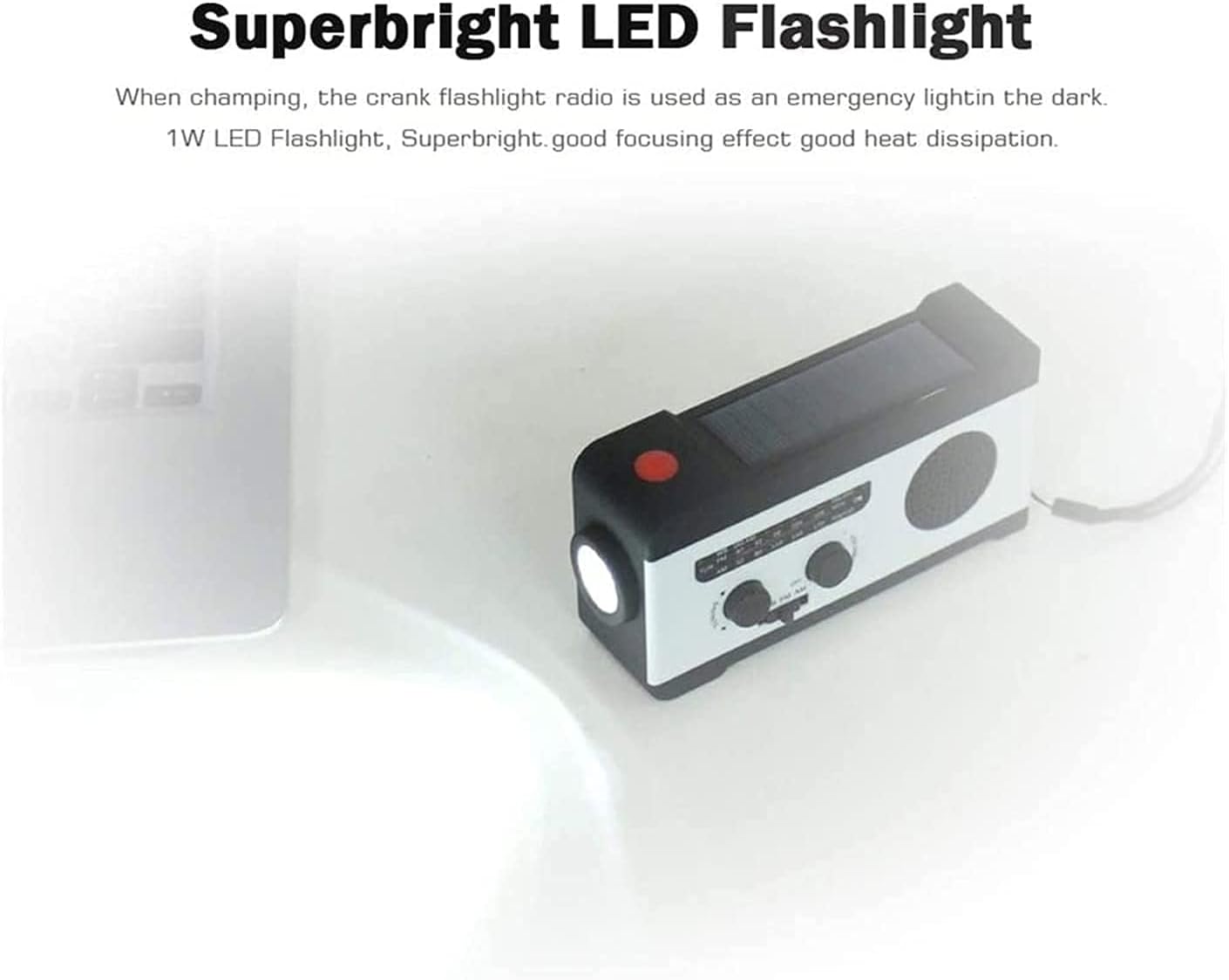 NOAA – Radio meteorológica portátil de emergencia con manivela, 3 linternas LED, sensor de movimiento, lámpara de lectura, alarma SOS, batería