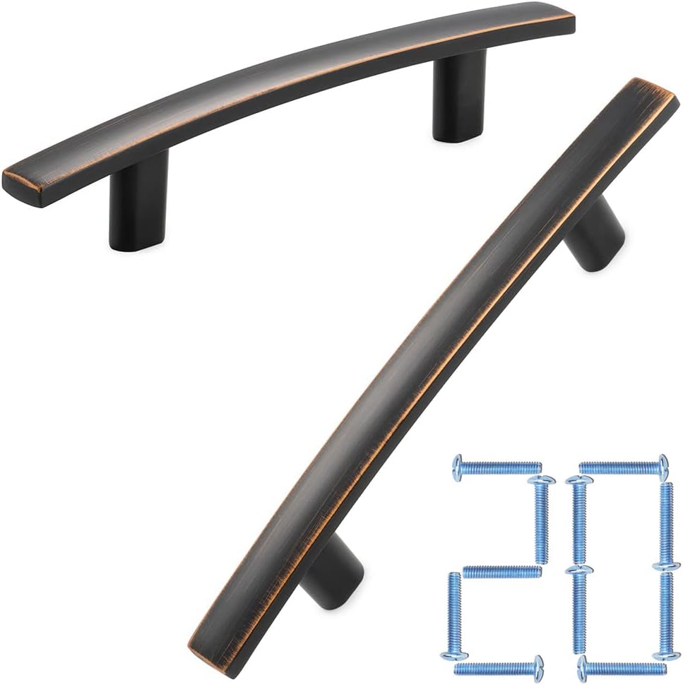 KOOFIZO Paquete de 20 tiradores de barra curvada sólida para gabinete, manija de arco de muebles de bronce aceitado, orificio central para tornillo