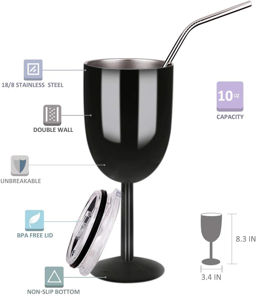 Copas de vino de acero inoxidable (paquete de 2). Vaso de vino de doble pared aislado al vacío con tapa y pajita. Amistad, Navidad, regalos de