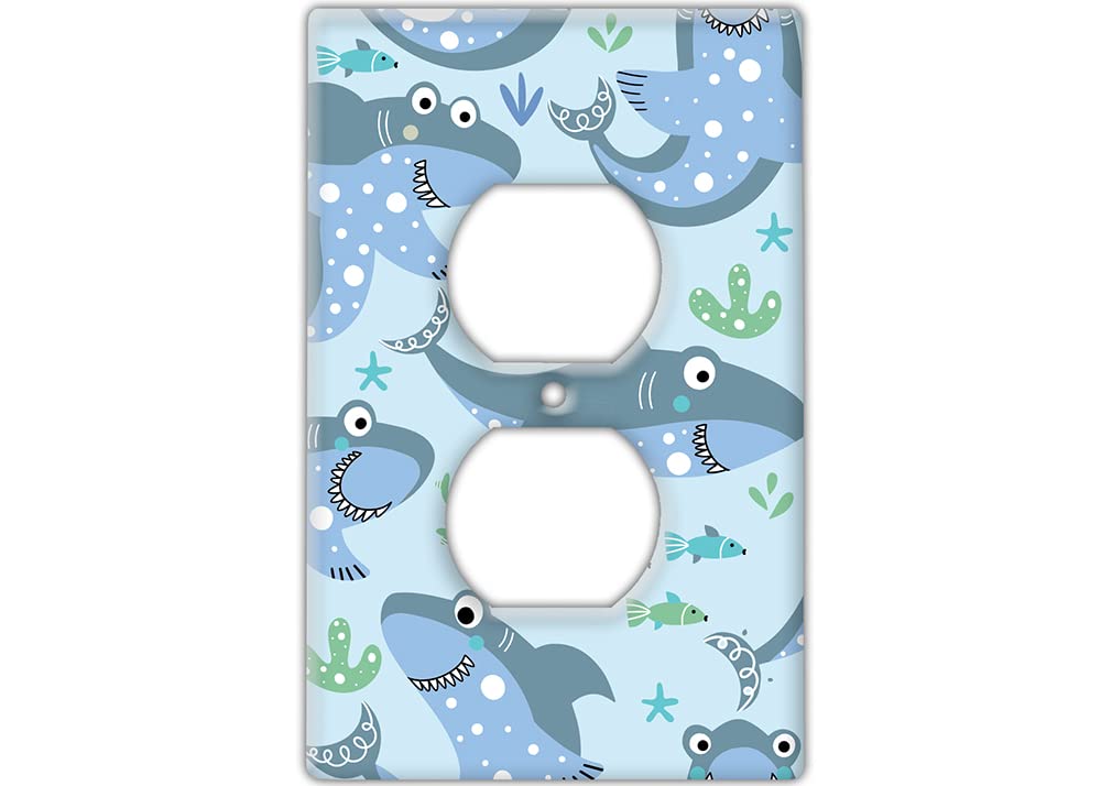 Decorative Wall Switch Cover Plate – Baby Shark Decor Switch Plate – Makes a Great Nursery Decor With Lots of Blues (Single Outlet Cover)