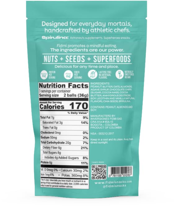 Fidmi Bolas de proteínas  Bola energética para refrigerios  Ingredientes naturales  Apto para dietas cetogénicas (chispas de chocolate y espirulina)