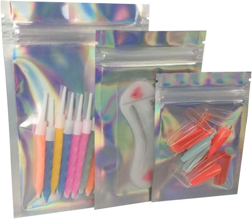 Bolsas reutilizables con cierre de cremallera, 100 bolsas holográficas de doble cara, a prueba de olores, bolsas de papel de aluminio (holográficas,