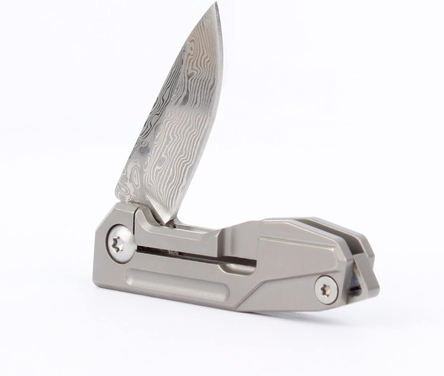 Samior HY002 – Cuchillo plegable ultra pequeño de bolsillo, hoja de damasco VG10 de 1.3 pulgadas, cerradura de marco de mango de titanio gris, mini