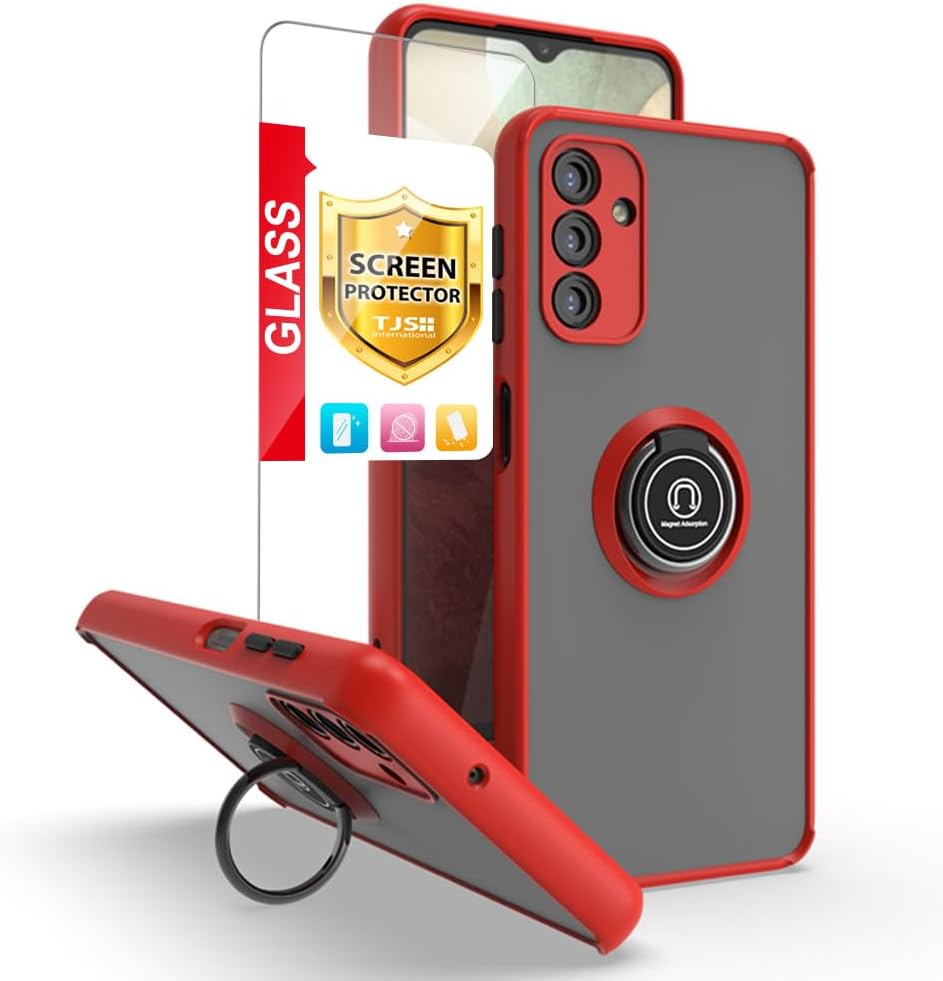 TJS Funda compatible con Samsung Galaxy A13 5G, Galaxy A04S, con protector de pantalla de vidrio templado, anillo de metal, soporte magnético