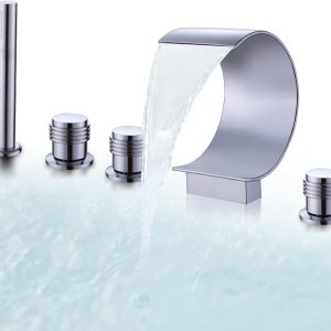 Juego de grifo de bañera con 5 agujeros de mano, juego combinado de grifo de bañera de 3 manijas, grifo de llenado de bañera de cascada con Juego de grifo de bañera con 5 agujeros de mano, juego combinado de grifo de bañera de 3 manijas, grifo de llenado de bañera de cascada con