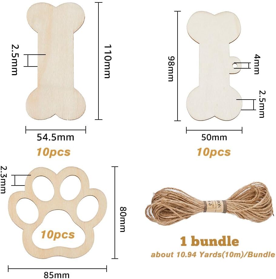 SUPERFINDINGS 20 letreros de madera en blanco sin terminar de 2 tamaños con 20 colgantes de madera con estampado de pata de animal y 10 cuerdas de
