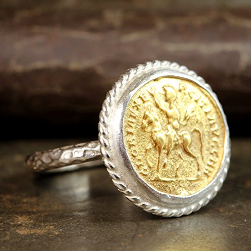 Caprixus Signet Ring 925 Sterling Silver Coin Ring 24K Gold Vermeil Designer Handmade Rings for Women Two Tone Hammered Pinky Ring Turkish Fine