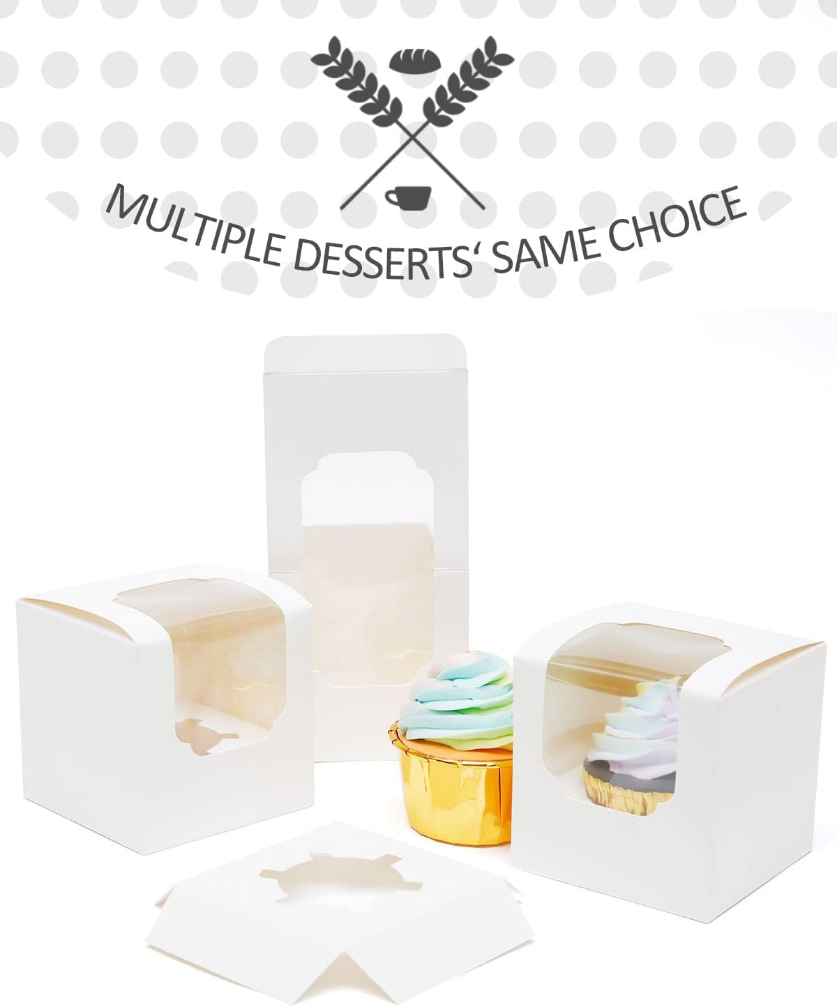 qiqee Paquete de 60 cajas para magdalenas autoemergentes individuales para cupcakes, color blanco, 3.5 x 3.5 x 3.5 pulgadas, cajas individuales para
