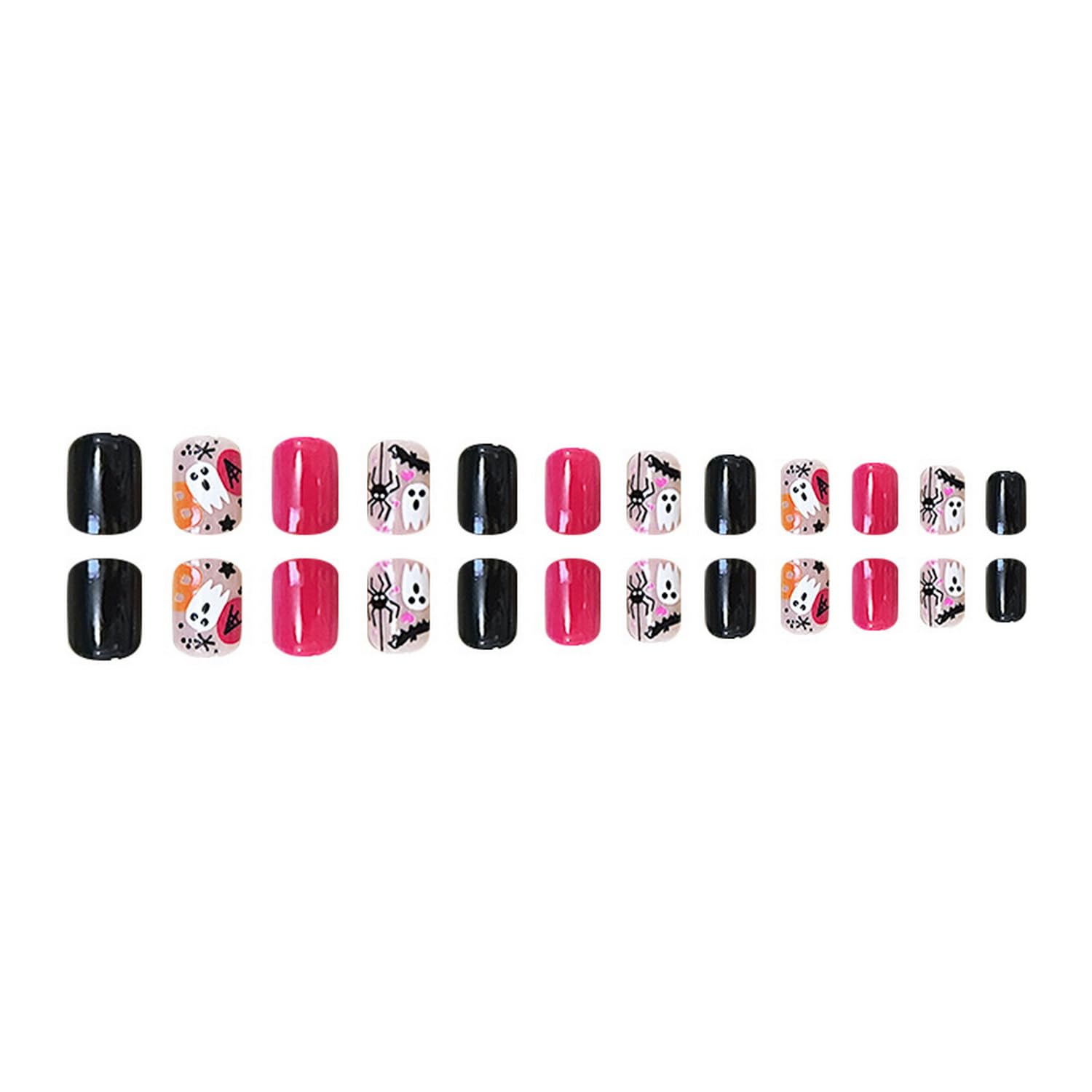 24 uñas postizas cortas a presión de Halloween, uñas postizas de murciélago de estrella de cobertura completa, uñas postizas de acrílico rosa negro