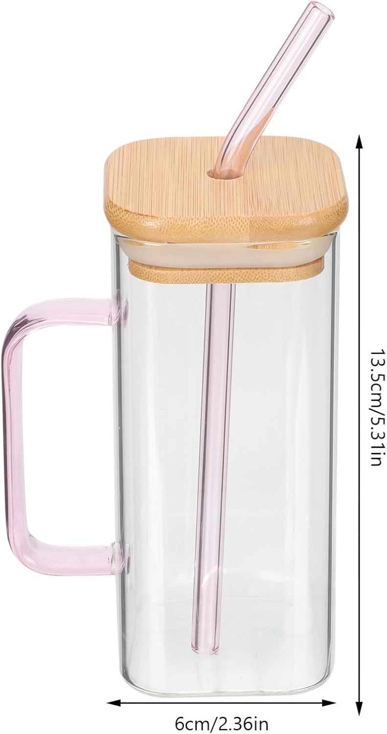 Luxshiny Vasos rectangulares con pajita de vidrio con tapas, vasos cuadrados con asa, tapa de bambú, vasos transparentes para café helado para el