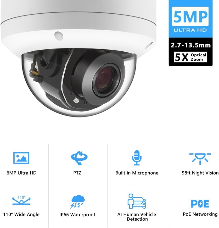 Seguridad 5.0MP H.265 POE IP PTZ Cámara, 5X 0.106-0.531 in AF Lente, IP66 impermeable exteriorinterior cámara domo de red a prueba de vandalismo,
