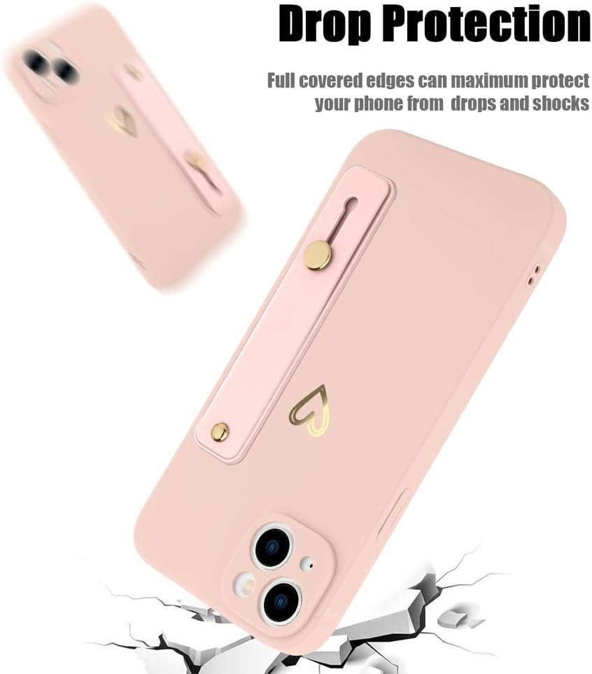 Funda compatible con iPhone 14 Plus de 6.7 pulgadas para mujeres y niñas, bonito patrón de corazón dorado con soporte de mano para muñeca, delgada,