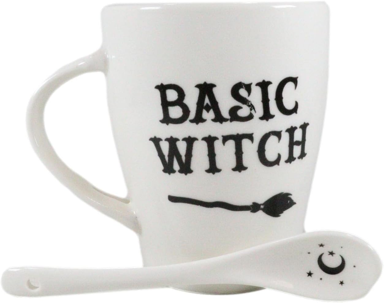 Ebros Gift Wicca Gothic Alchemy Witchcraft Divinity – Juego de taza y cuchara de porcelana con mango integrado de soporte de cuchara de 9 onzas,